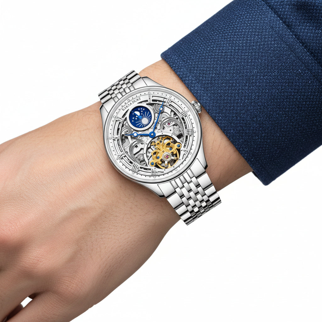 RAKSADUKE Herrenuhr mit Edelstahlarmband – Luxuriöse Skelett-Ästhetik mit markantem Stil
