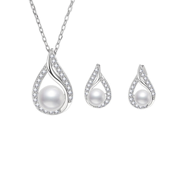 S925 Sterling Silver Elegant  Natural Pearl Necklace Earrings